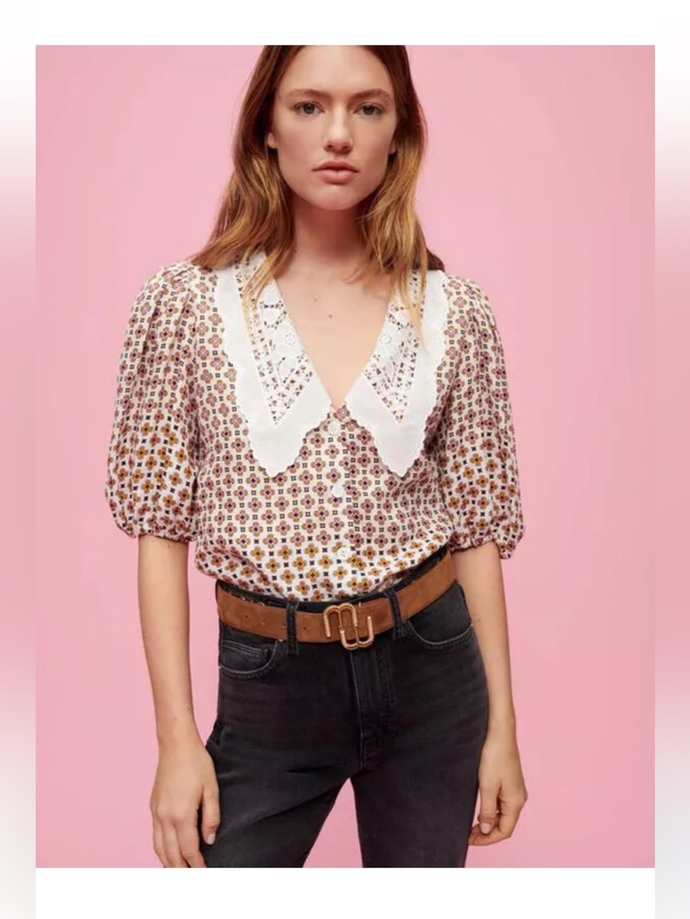Maje Cream Puff-Sleeve Blouse with Lace Collar and Floral Print